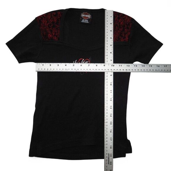 Harley Davidson Vintage Y2K Square Neck Lace Detail Top Black / Red Women's S - Picture 7 of 7